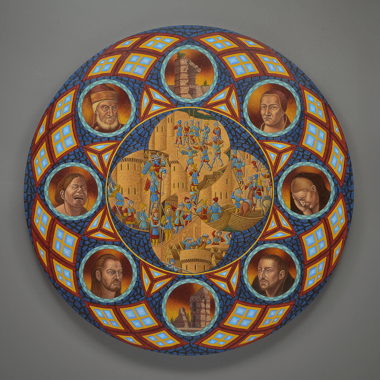 Circular painting with a building at its center. Eight smaller circles surrounded the building image, some have other buildings, others have portraits of crusaders.